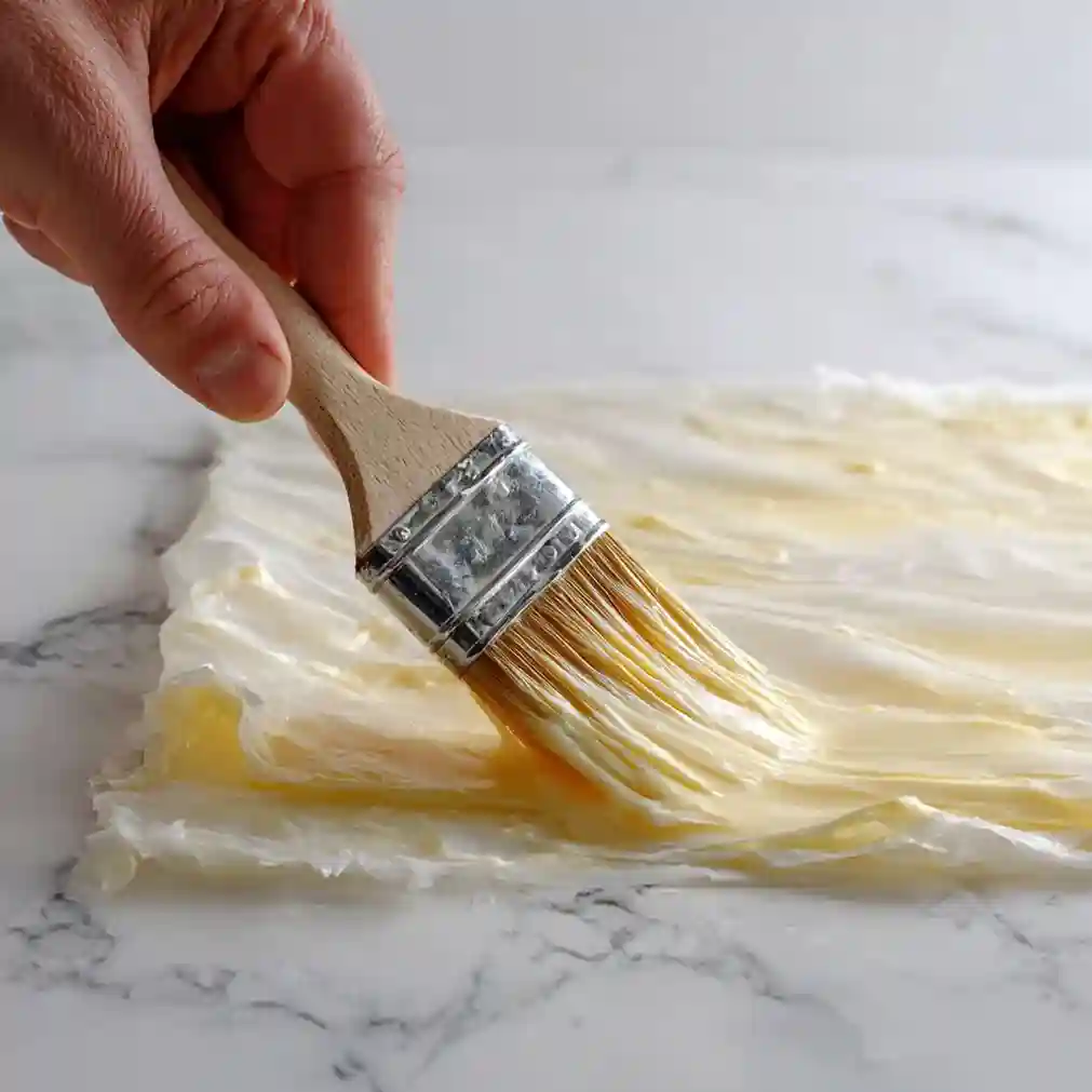 pinceau beurrant une feuille de pâte filo