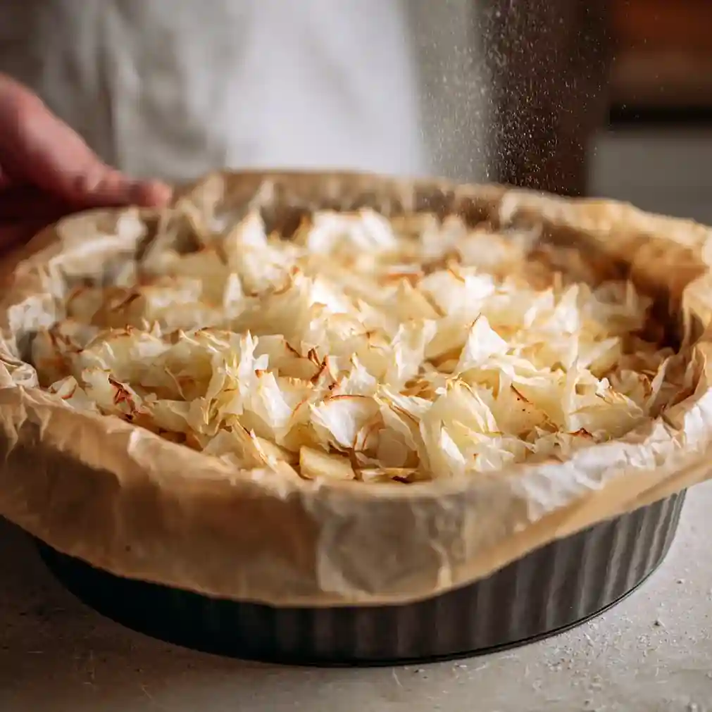 pâte filo froissée sur croustade aux pommes