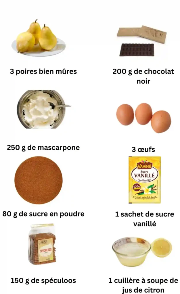 Ingrédients du tiramisu poire chocolat speculoos en flat lay