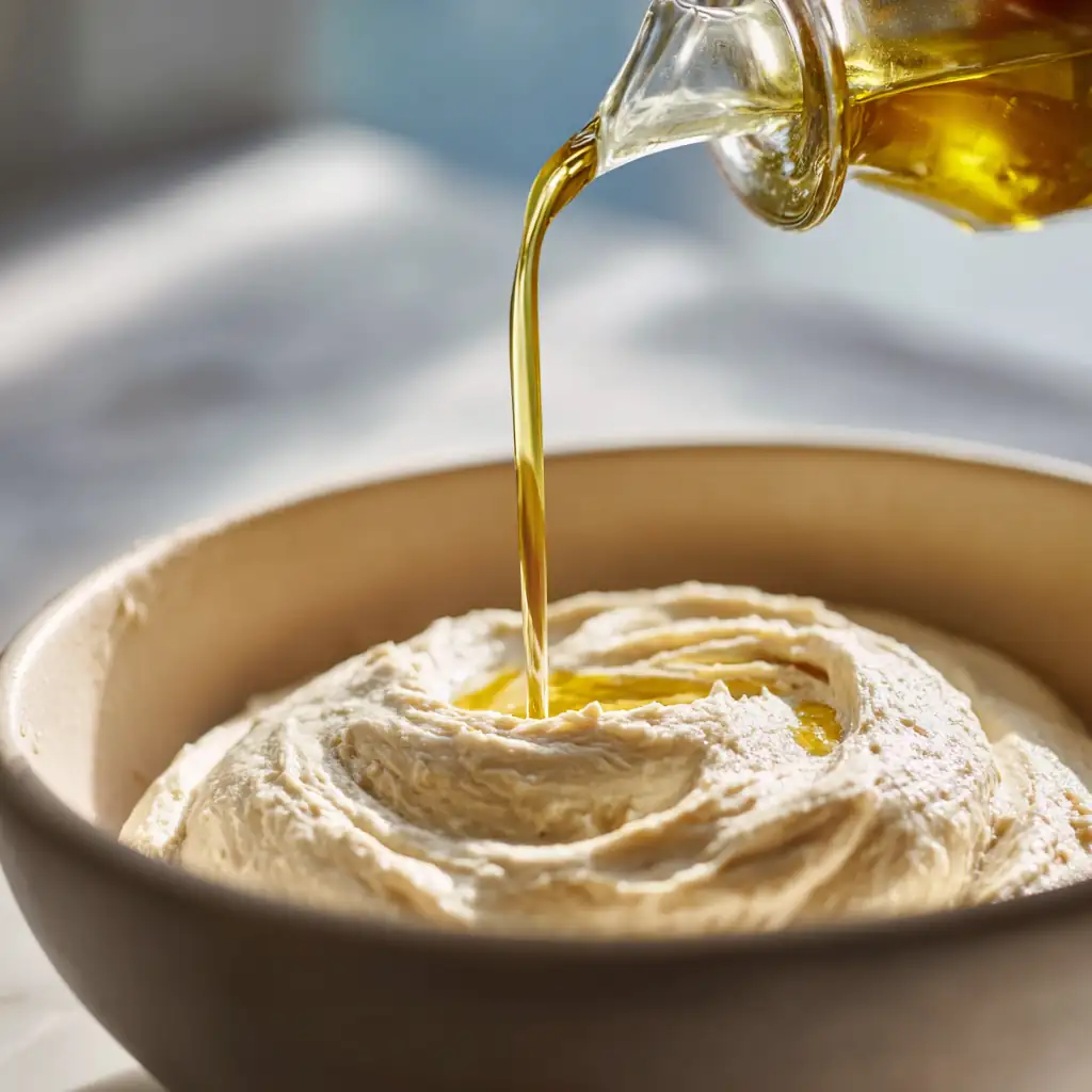 dough being mixed with an olive oil drizzle