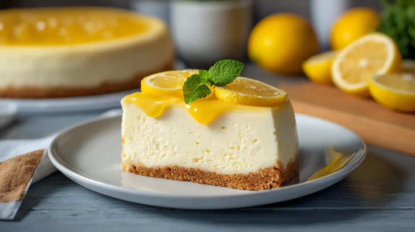 Cheesecake citron fait maison avec garniture de lemon curd et rondelles de citron.