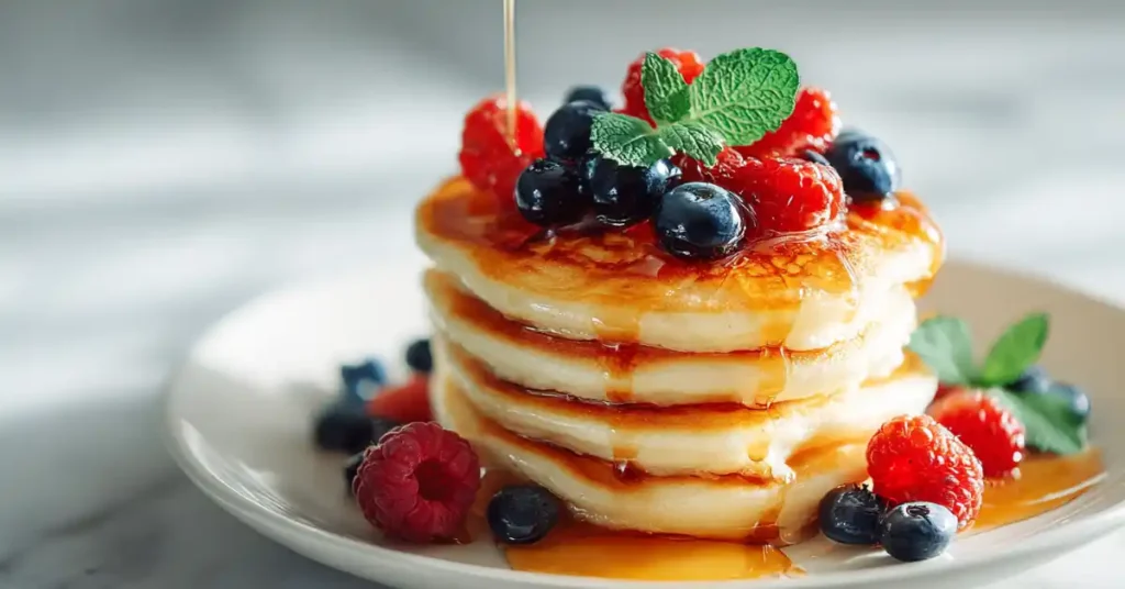 Stack of fluffy gluten-free pancakes with berries and syrup