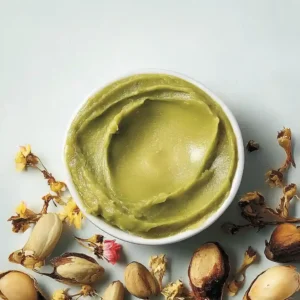 Crème de pistache maison dans un pot rustique