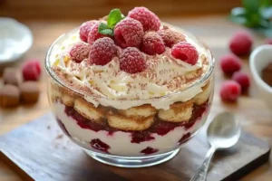 Tiramisu aux framboises et biscuits roses de Reims en plat familial
