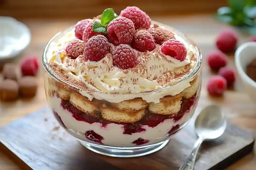 Tiramisu aux framboises et biscuits roses de Reims en plat familial