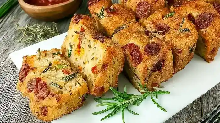 Cake au chorizo tranché dans une cuisine rustique en Bourgogne