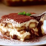 Part de tiramisu crémeux saupoudré de cacao avec biscuit imbibé et mascarpone, servie dans une assiette