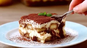 Part de tiramisu crémeux saupoudré de cacao avec biscuit imbibé et mascarpone, servie dans une assiette