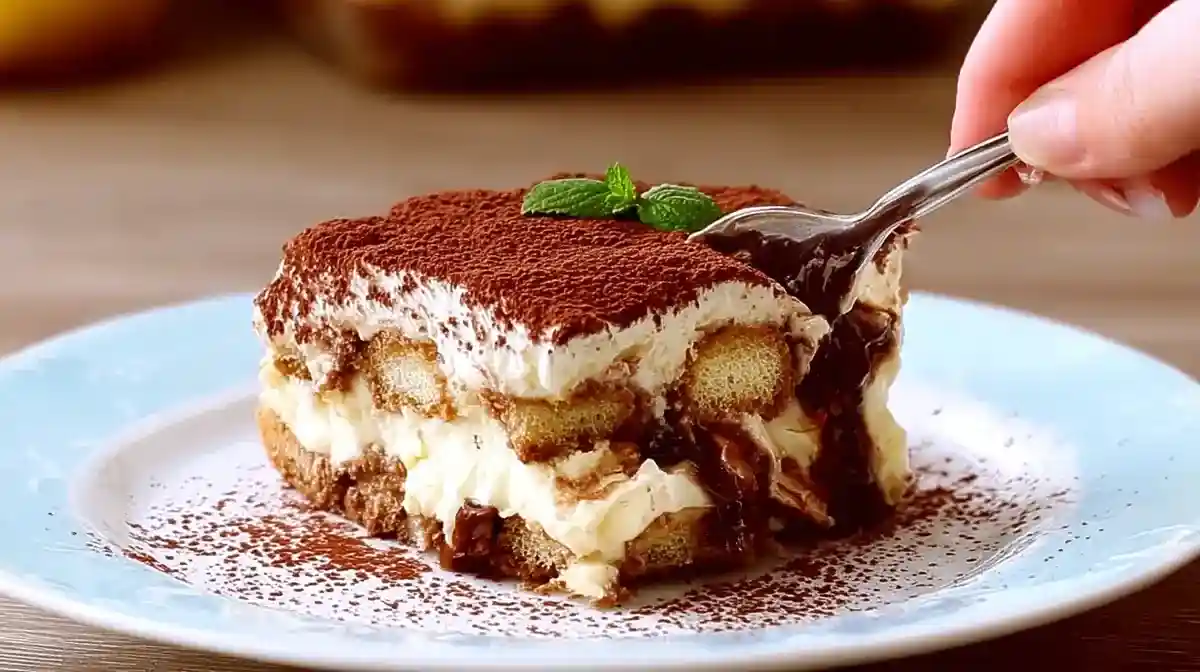 Part de tiramisu crémeux saupoudré de cacao avec biscuit imbibé et mascarpone, servie dans une assiette