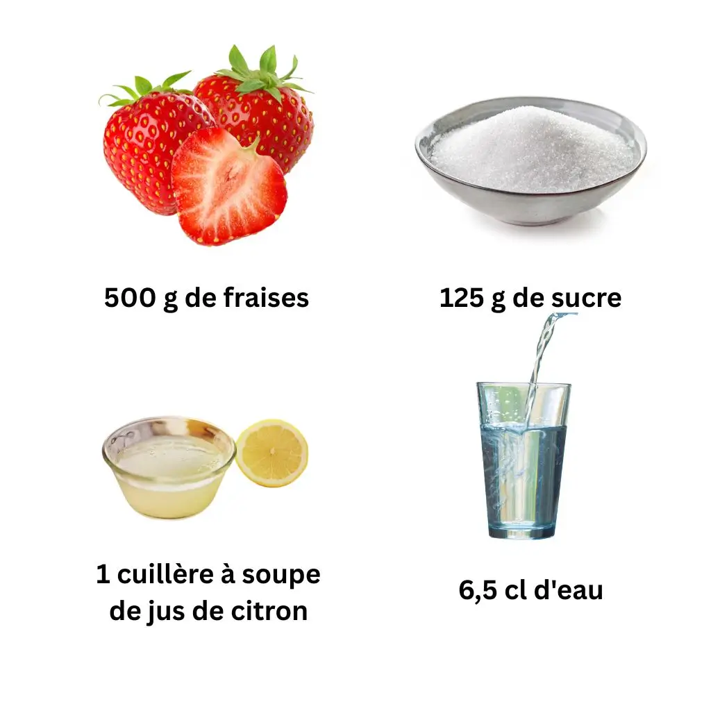 Ingrédients pour sorbet à la fraise maison avec fraises, sucre, citron et eau