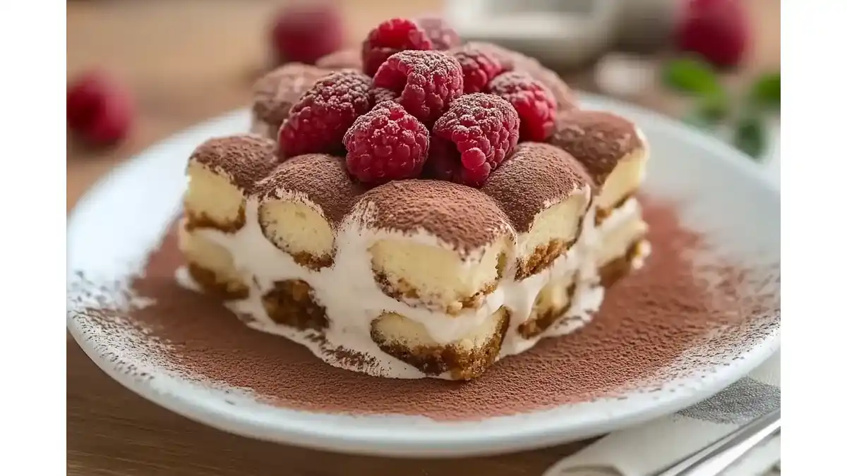 tiramisu léger aux framboises dans un plat