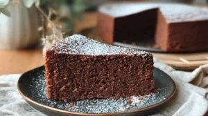 Gâteau moelleux au chocolat tranché, saupoudré de sucre glace sur assiette rustique.