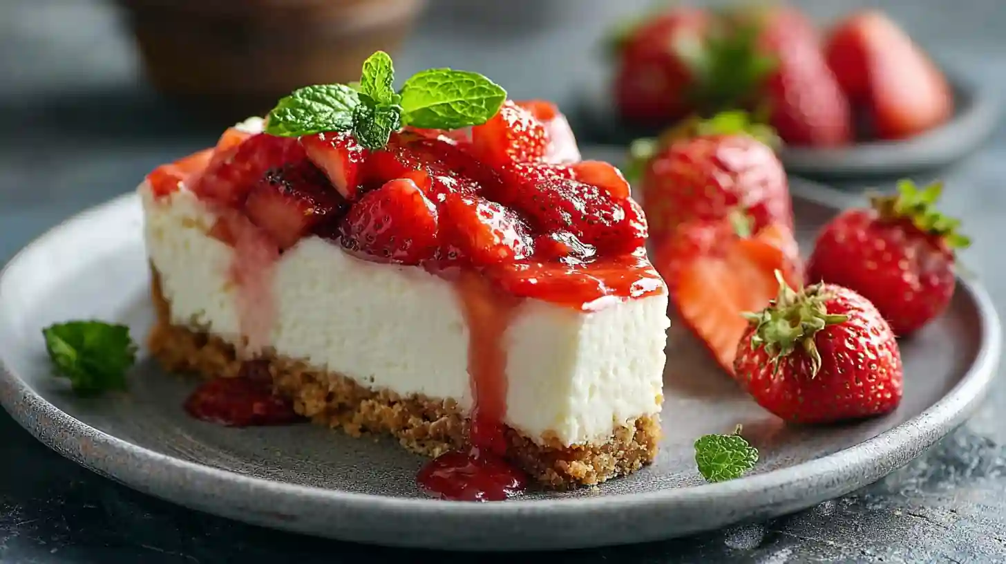 Part de cheesecake aux fraises sans cuisson sur assiette, décorée de fruits frais et menthe