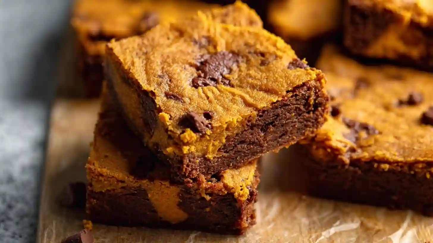 Brownie blondie à la citrouille vegan coupé en carrés moelleux avec pépites de chocolat