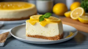 Cheesecake citron fait maison avec garniture de lemon curd et rondelles de citron.