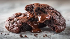 Cookie fourré au chocolat coupé en deux avec cœur fondant visible
