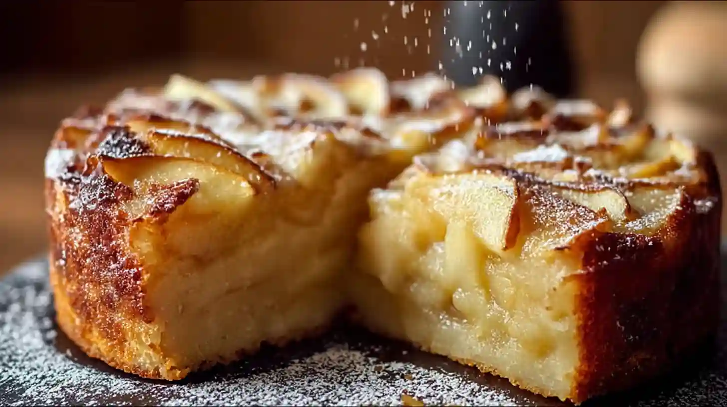 Gâteau invisible aux pommes coupé, montrant sa texture fondante et ses couches fines
