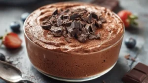 Bol de mousse au chocolat maison avec copeaux de chocolat noir sur le dessus