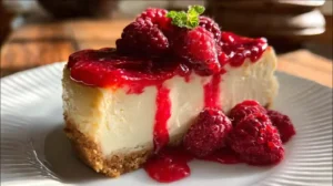 Cheesecake New-Yorkais tranché, surmonté de framboises fraîches et nappé de coulis rouge.