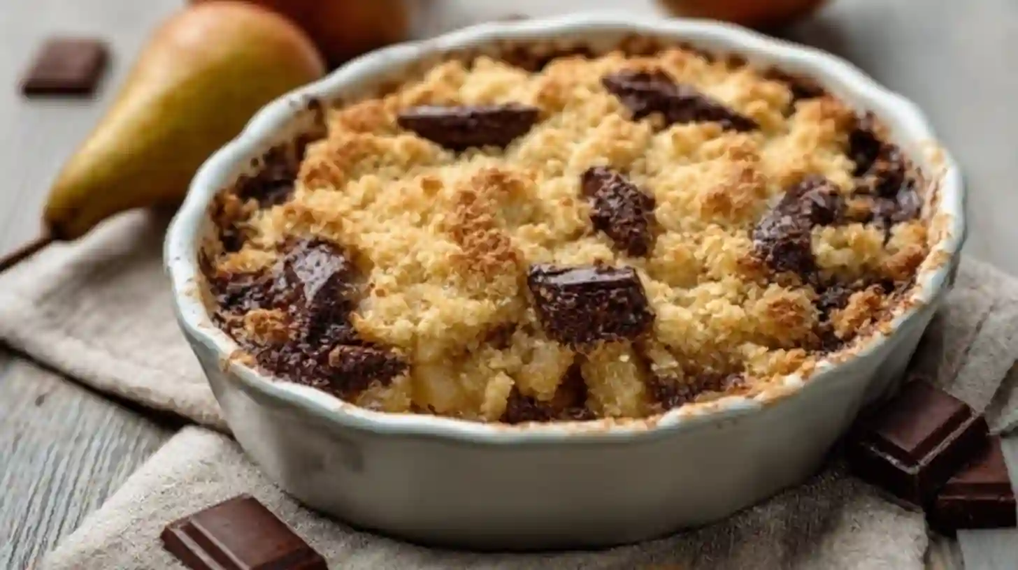 Crumble poire chocolat doré et fondant, servi dans un plat blanc rustique.