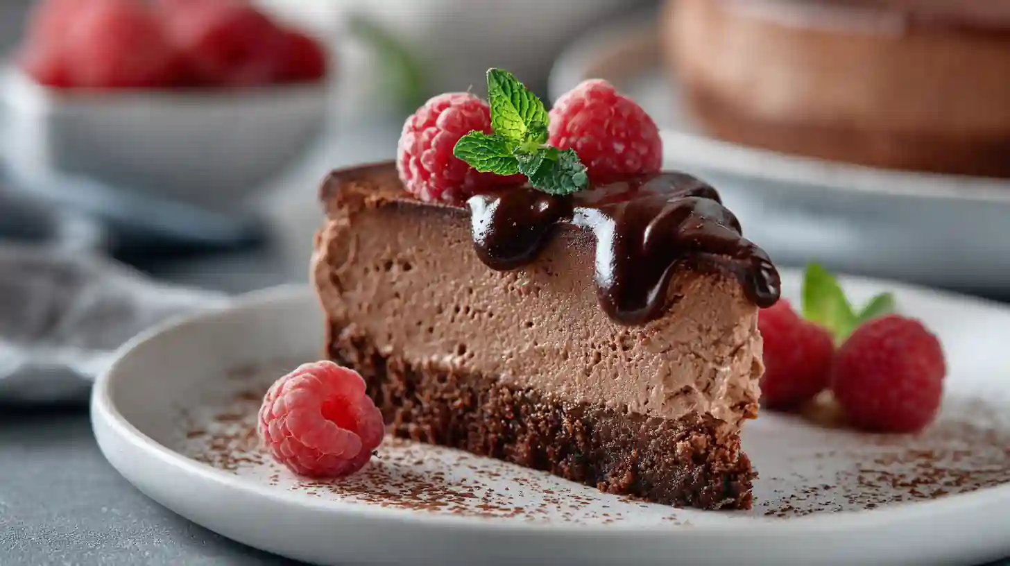 Tranche de cheesecake au chocolat sans cuisson sur assiette blanche, garnie de chantilly