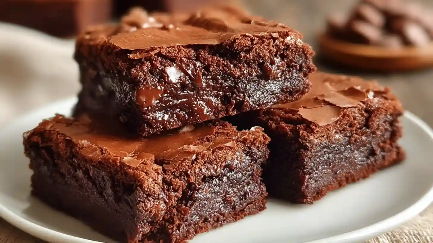 Deux brownies fondants au chocolat empilés sur assiette blanche, texture moelleuse visible