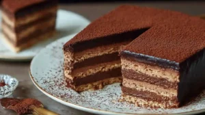 Gâteau au chocolat sans cuisson, découpé en tranches régulières, avec couches visibles.