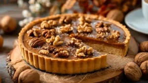 Tarte automnale au café et aux noix, servie sur une assiette avec fond en bois.