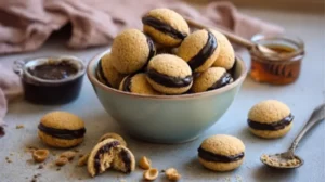 Petits biscuits italiens Baci di Dama à la noisette, collés deux par deux avec du chocolat fondant.