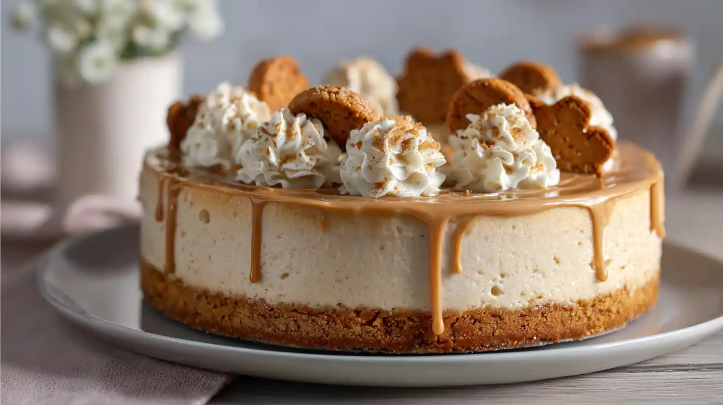 Cheesecake au spéculoos sans cuisson, nappé de chantilly et décoré de biscuits émiettés