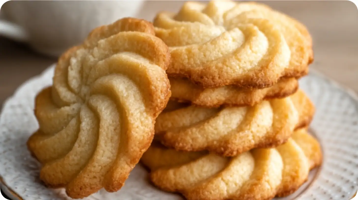 Empilement de biscuits au beurre en forme de rosaces dorées, texture fondante et bords croustillants