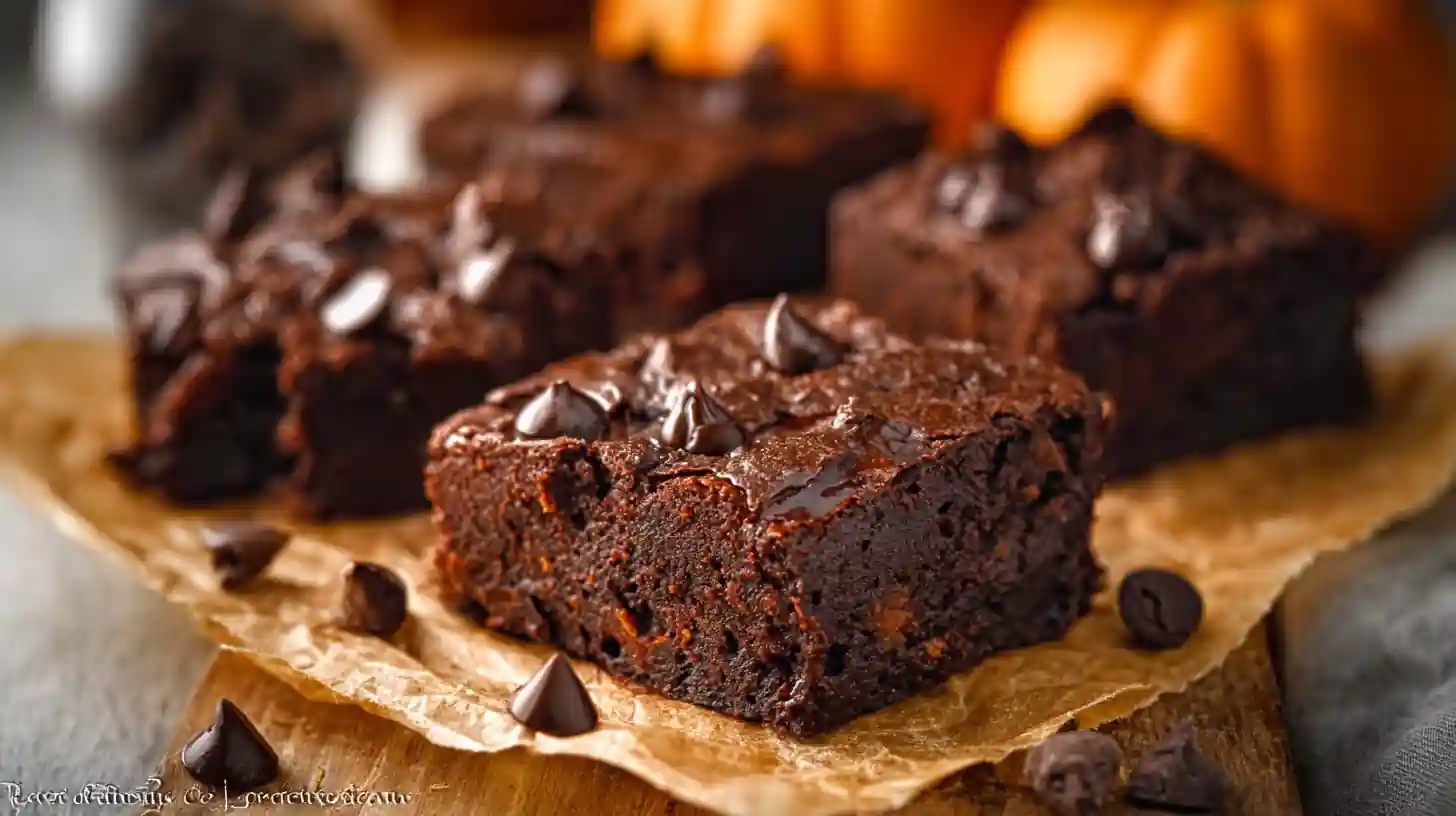 Brownies sains au potiron, texture fondante, décorés de pépites de chocolat sur le dessus