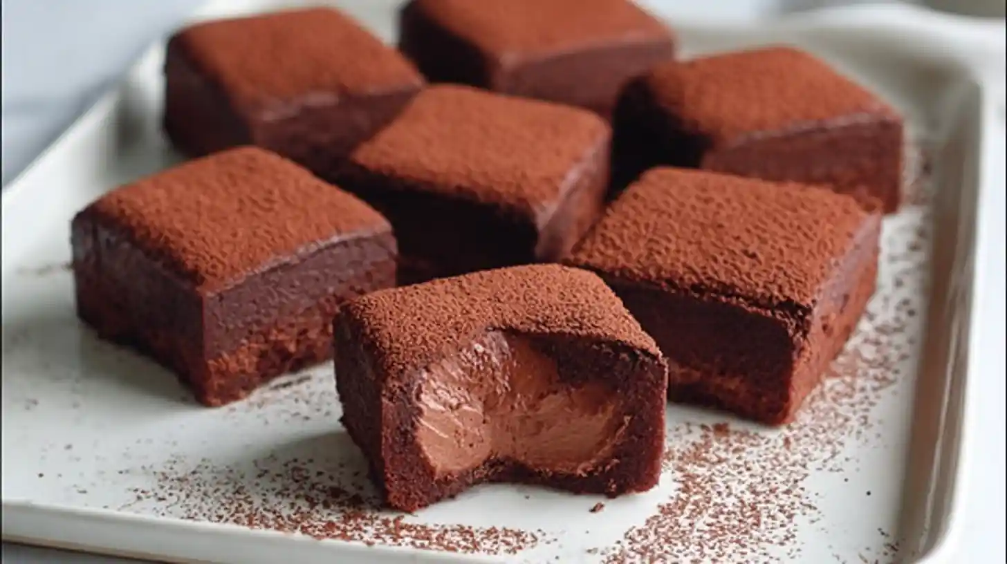 Carrés fondants au chocolat mascarpone saupoudrés de cacao, texture moelleuse et brillante