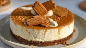 Cheesecake spéculoos sans cuisson, nappé de pâte de spéculoos fondue, décoré de miettes et d’un biscuit entier