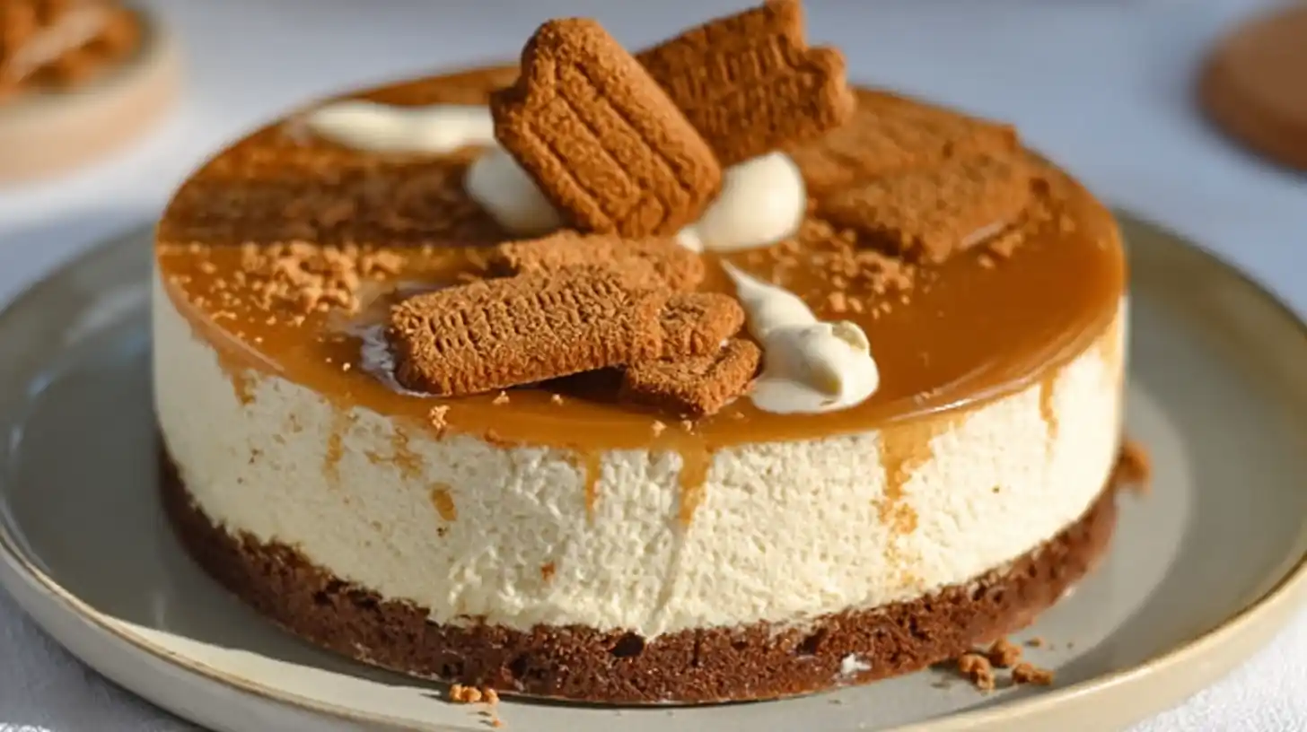 Cheesecake spéculoos sans cuisson, nappé de pâte de spéculoos fondue, décoré de miettes et d’un biscuit entier