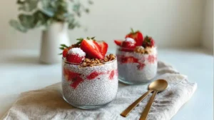 Chia pudding au fromage cottage garni de fraises fraîches et de granola dans une verrine transparente.