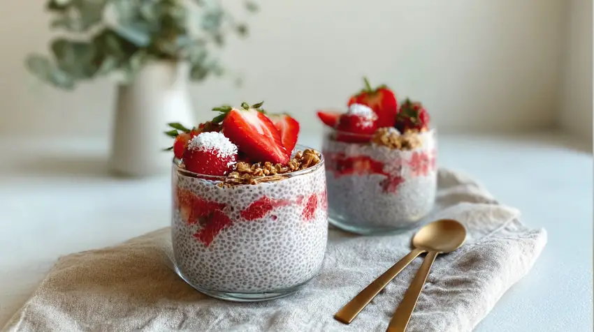 Chia pudding au fromage cottage garni de fraises fraîches et de granola dans une verrine transparente.