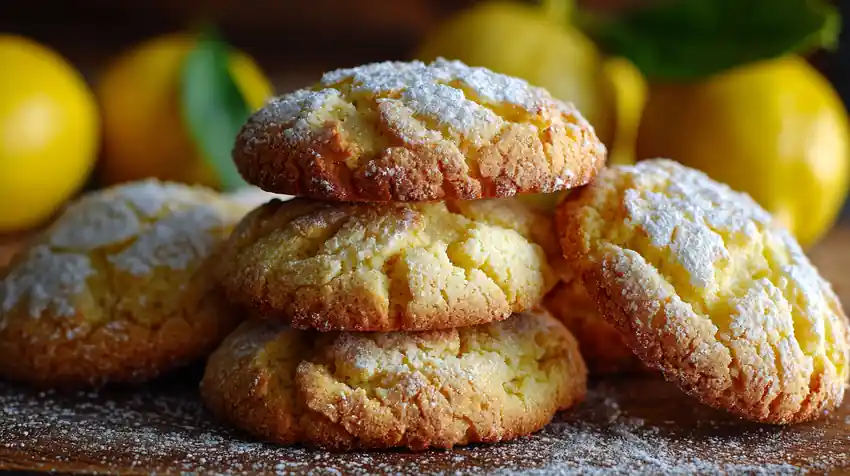 Cookies citron moelleux empilés, saupoudrés de sucre glace, au cœur doré et légèrement craquelé.