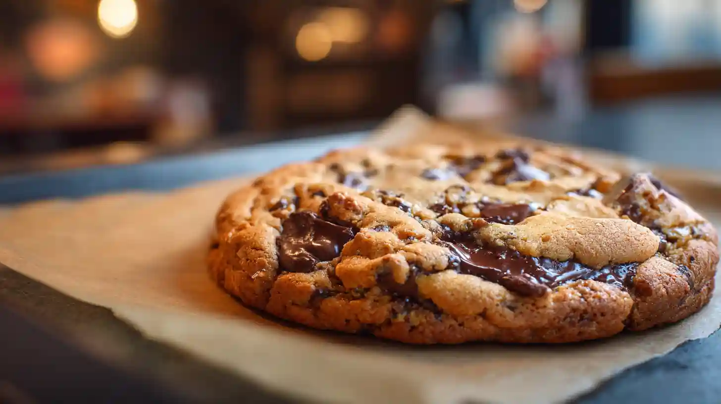 Gros plan d’un cookie new-yorkais moelleux avec pépites de chocolat fondantes sur plaque de cuisson