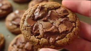 Cookie moelleux aux gros morceaux de chocolat fondant tenu dans la main, texture craquelée et dorée