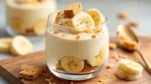 Crème banane protéinée servie en verrine avec morceaux de banane et miettes de biscuit croquant.