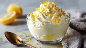 Crème citronnée au fromage cottage servie en coupe, surmontée de chantilly et de zestes de citron frais.