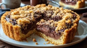 Gâteau crumble au Nutella entamé, cœur chocolat fondant et pâte croustillante sur assiette