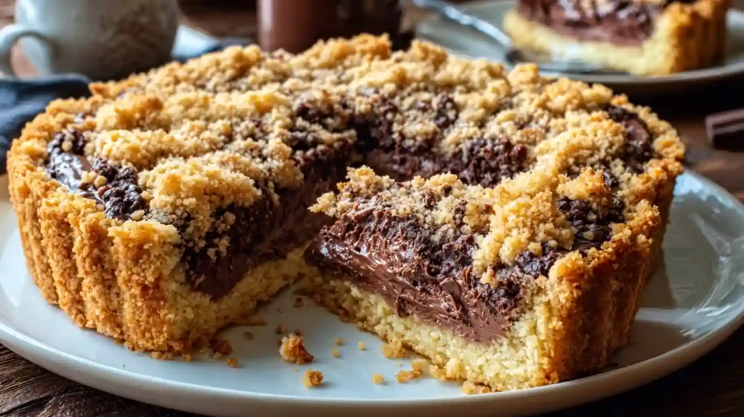 Gâteau crumble au Nutella entamé, cœur chocolat fondant et pâte croustillante sur assiette