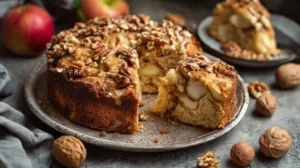 Gâteau moelleux aux pommes et noix tranché, posé sur une assiette rustique avec éclats de noix