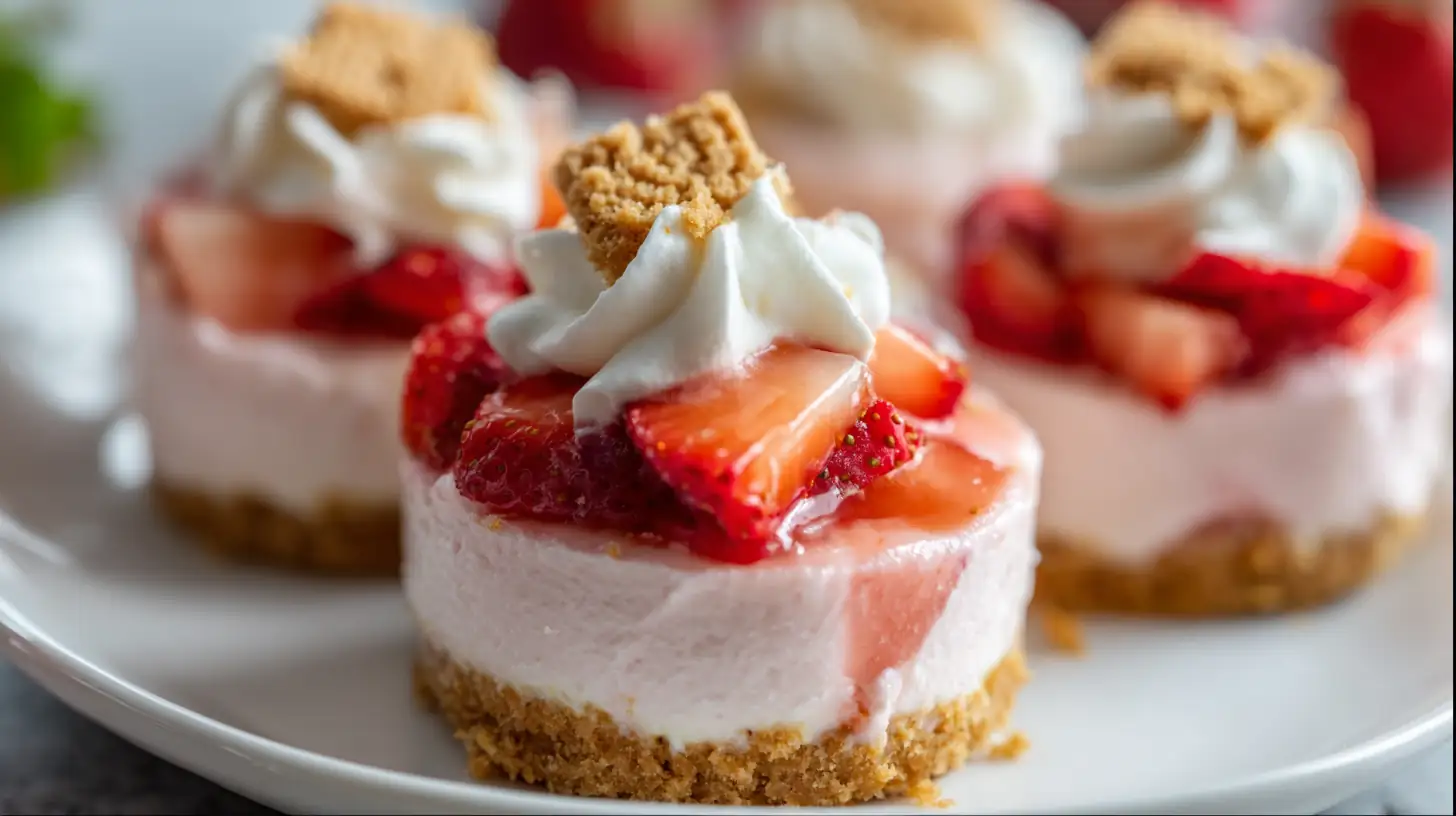 Mini cheesecakes à la fraise avec chantilly, fraises fraîches et miettes de biscuits, servis individuellement