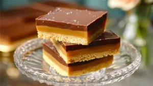 Carrés de sablés du millionnaire empilés sur une coupe, trois couches visibles : sablé, caramel, chocolat