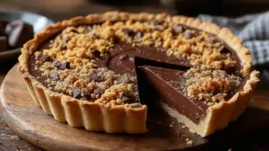 Tarte au chocolat fondante garnie de crumble doré et morceaux de chocolat noir, servie sur un fond rustique.