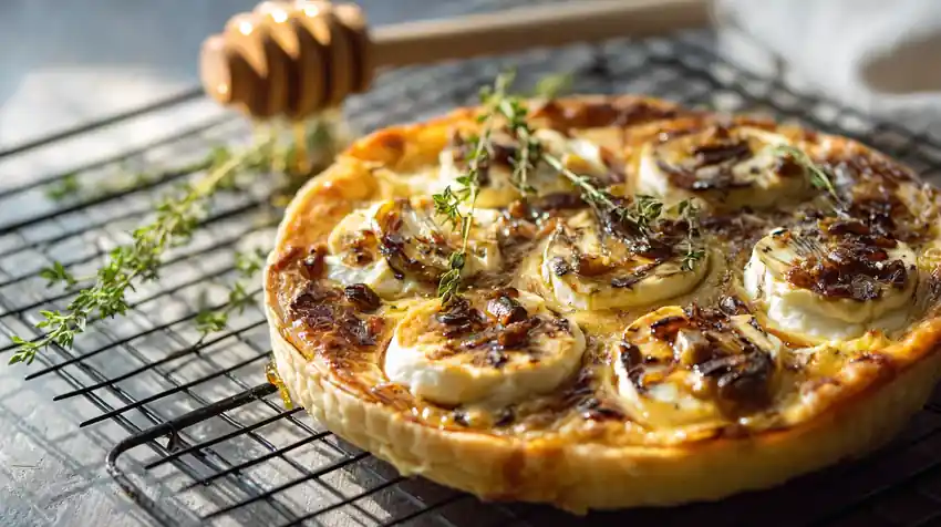 Tarte dorée aux oignons caramélisés et fromage de chèvre, nappée de miel et parsemée de thym frais.