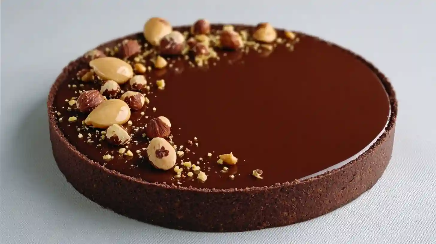Tarte chocolat noisette servie sur une assiette blanche, garnie de noisettes et copeaux de chocolat